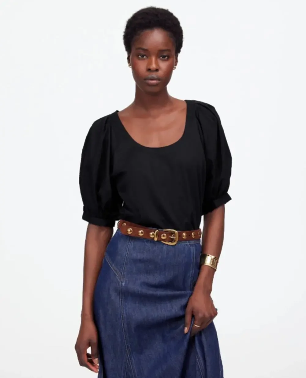 Madewell Puff Short Sleeve Scoop Neck Top Womens S Black Cotton Relaxed Pullover